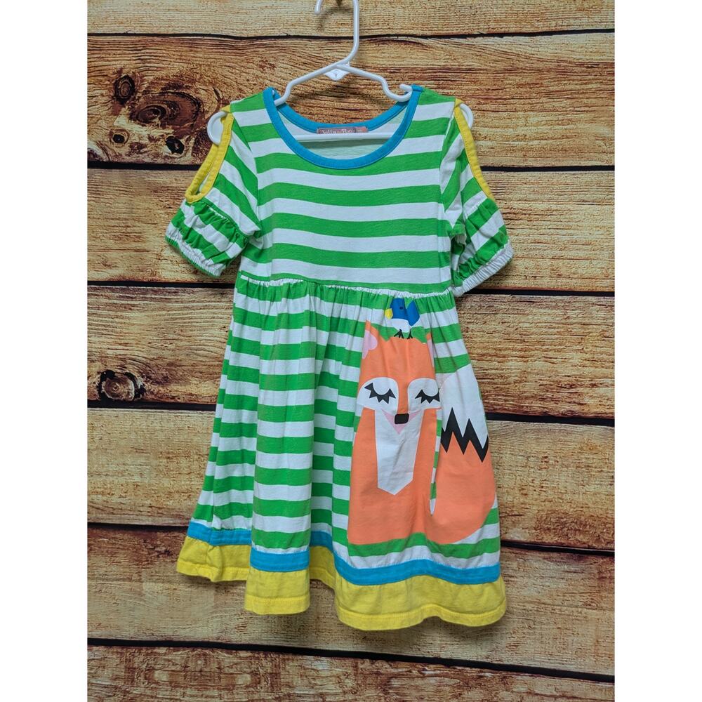 Jelly the Pug girls 3t cold shoulder Green Yellow Blue Striped Fox Bird Dress
